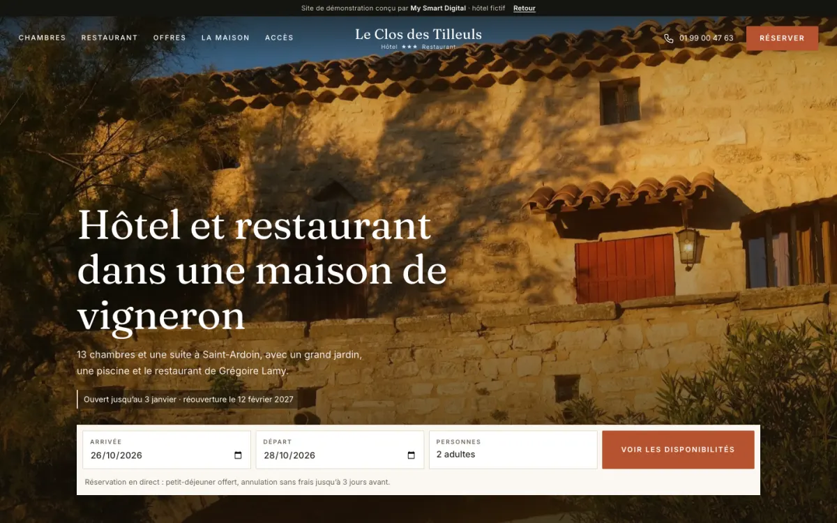 Page d’accueil du site d’exemple Le Clos des Tilleuls, sur ordinateur