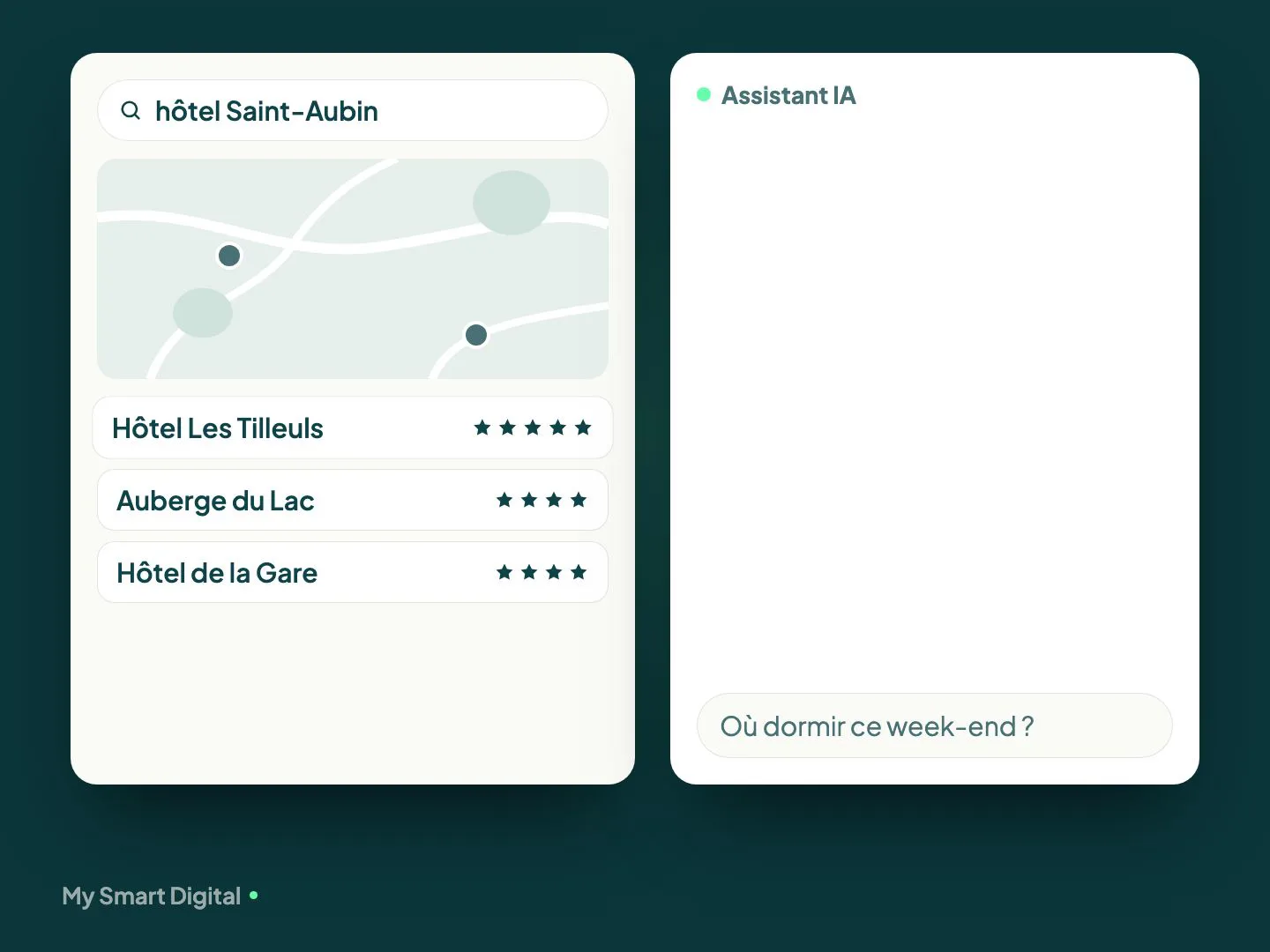 Démonstration : la fiche de l’hôtel mise en avant dans les résultats locaux de Google, puis un assistant IA qui cite l’hôtel et son site officiel à un voyageur.