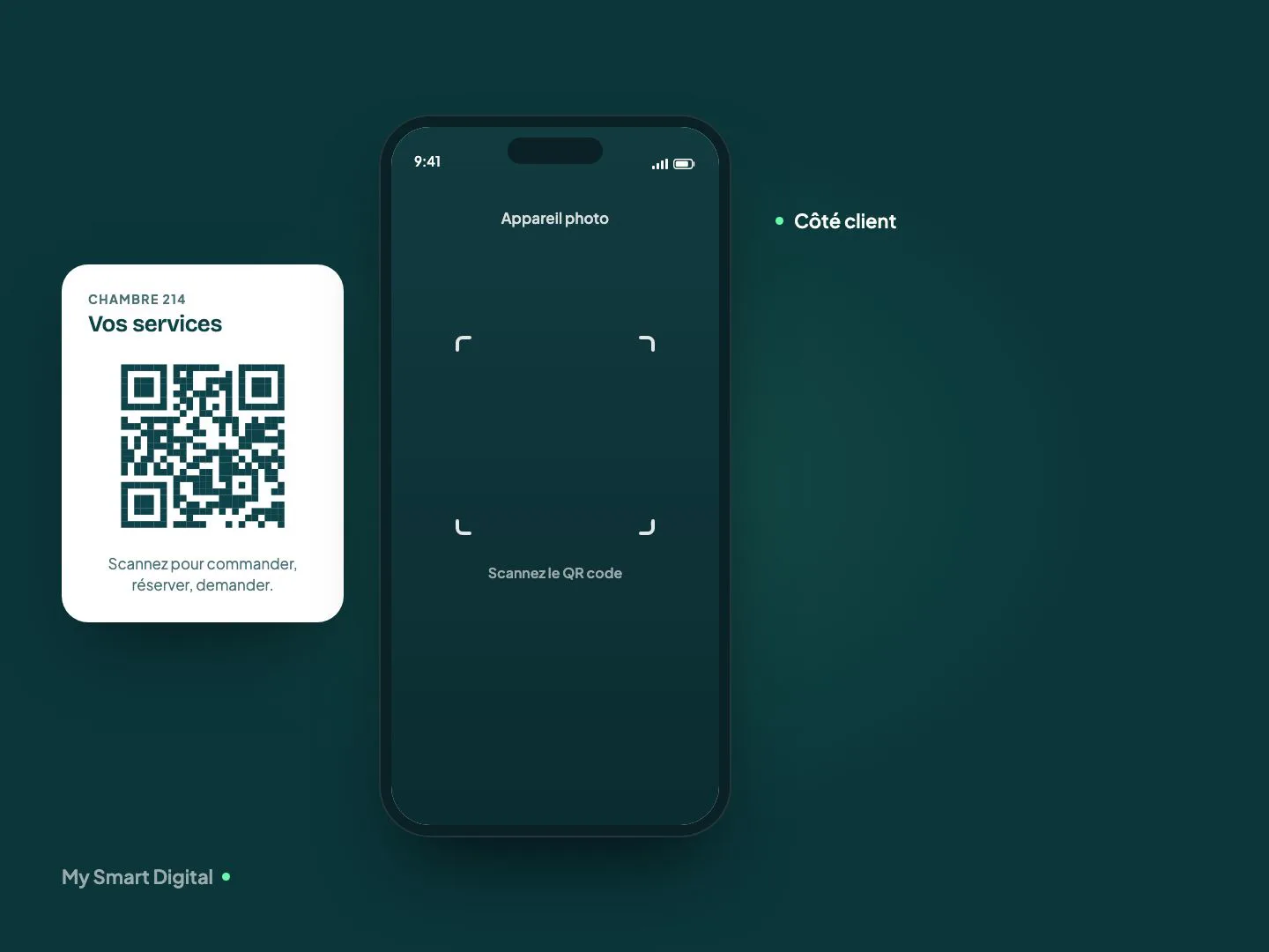 Démonstration de la web app : un QR code scanné en chambre ouvre l’application, le client commande en room service, réserve le spa et envoie une demande qui arrive à la réception.